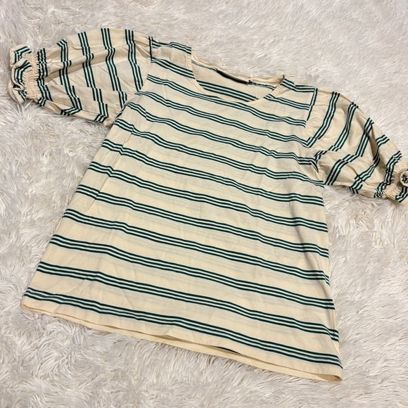 The Tiny Big Sister Tops - Tiny Big Sister - Woman’s cream and green striped balloon sleeved top 34 small